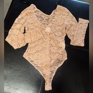 Women’s brand new cute stylish nude beige see through net bodysuit size medium